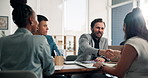Finance, handshake and meeting with business people at desk in office for investment success. Conversation, planning and update with employee team shaking hands in financial workplace for agreement