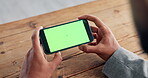 Green screen, phone and streaming with hands of man for movie subscription, contact and app. Online film download, connection and tracking markers with person and tech for internet and mockup space