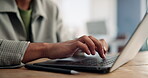 Man, hands and research in office with laptop for journalism investigation, story development and idea. Person, typing or browse in workplace with computer for news report, blog or media publication.