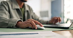 Hands, man and mouse with laptop in office for research, finance planning and budget review. Accountant, scroll and pc for funding email, financial data entry and documents for investment proposal