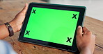 Green screen, tablet or hands of person at desk, online communication or download business email app. Connectivity, digital company agenda or woman browse internet for research, mockup space and tech