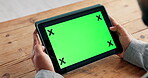 Green screen, tablet or hands at desk in office, online communication or download business email app. Connection, digital company agenda or person browsing internet for research, mockup space or tech