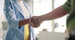 Handshake, team and hands of business people in office for meeting, agreement and partnership. Professional, startup and workers with gesture for onboarding, welcome and greeting for collaboration