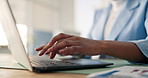 Hands, person and typing on laptop in office for data analysis, finance report and budget review. Accountant, keyboard and pc for tax preparation, financial stats and documents on investment proposal