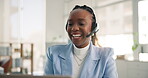 Call center, advice or black woman in office with laptop, lead generation or outbound contact in crm management. Telemarketing, smile or agent with tech, customer service or feedback in help desk.