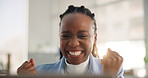 Happy, black woman and winning with fist pump in office for good news, promotion or bonus. Excited, female person or employee with smile in celebration for deal, salary increase or business success