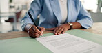 Signature, documents and contract with hands of person for title deed, inheritance and asset management. Notary agreement, terms and condition and estate paperwork with employee for legal information