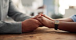 Couple, holding hands and empathy with confession for trust, commitment or relationship in home. Closeup, man and woman with sympathy, grief or understanding for support, communication or comfort