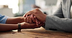 Couple, holding hands and love with trust, commitment or kindness for relationship in home. Closeup, man and woman with empathy, sympathy or understanding for support, comfort or care in house