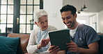 Smile, caregiver and senior woman with tablet for good news, medical results and diagnosis. Happy, nurse or elderly person with digital for healthcare report, browsing web and assisted living in home