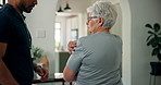 Shoulder pain, physiotherapy and man with mature woman for consulting, recovery and medical service. Healthcare, clinic and chiropractor with patient for physical therapy, support and wellness
