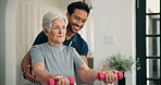 Fitness, physiotherapist or old woman with dumbbell, workout mentoring or strength training help. Rehabilitation, muscle mobility or happy people with weights for retirement support, home or guidance