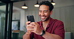 Happy, office and business man with phone for social media, networking and communication on break. Startup, workplace and person on smartphone for typing message, funny chat and laugh for contact