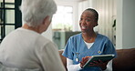 Assisted living, conversation or tablet with nurse and old woman in home for feedback or review. App, healthcare or medical results with happy caregiver and senior patient on sofa for discussion
