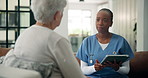 Assisted living, consulting or tablet with nurse and old woman on sofa in apartment for feedback or review. App, healthcare or medical results with caregiver and senior patient in home for discussion