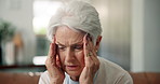 Senior woman, headache or stress with pain on sofa for fatigue, old age or mental health in home. Elderly, female person or sore head with migraine or massage for vertigo, strain or pressure in house