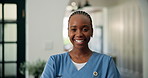 Face, black woman and caregiver with smile at house for career pride, about us and medical services. Portrait, female nurse and confident with ambition, healthcare support and assisted living in home