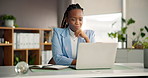Media agency, thinking and black woman with laptop, planning and solution for creative project. African person, copywriting and journalist with pc, decision or website info with publishing and choice