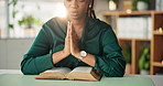 Black woman, hands and praying with bible for faith, christianity or religion in home. Female person, prayer and belief with hope or book of god for spiritual connection, wellness or worship in house