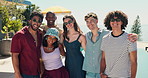 Friends, face and smile with hug at pool party, sunglasses and excited on summer break at lodge. People, group and happy in portrait, embrace and outdoor for bonding on getaway at holiday resort