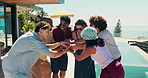Swimming pool, friends and people with vacation, hands stack and bonding together. Gesture, men and women with summer holiday, celebration and weekend break with tropical island, happiness or excited