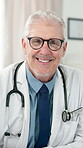 Medical, face or mature man in hospital with glasses, profession or career pride in healthcare. Portrait, specs or doctor with confidence, general practitioner or experience in clinical industry