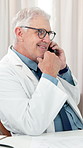 Phone call, doctor and man in clinic for healthcare, conversation and telehealth plan. Mobile, mature person and medical professional speaking to contact for online consultation, thinking or smile
