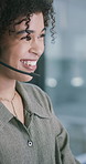 Call center, typing and woman in office with headset, contact us and assistance in crm service. Telecom, smile and African consultant in agency with tech, online advice and feedback in client support