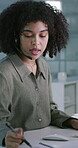 Business woman, writing and call center with consultant, planning and advice or reminder. Financial advisor, virtual agent and speaking with headset for notes, support or help desk with loan client
