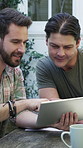 Gay couple, tablet and planning budget in backyard for mortgage, investment or insurance cost. Men, technology or discussion for home finance with savings, bills or asset management with lgbtq people