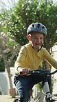 Father, child and riding bike for learning outdoor, happiness and development with family together. Bicycle, cycling and happy parent with boy for teaching, support and safety with growth of kid