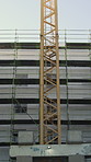Construction crane, urban development and residential structure with equipment. Outdoor, empty and maintenance with engineering, architecture and project for city upgrade, infrastructure and safety