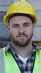 Helmet, man and face of construction worker on site with confidence for building project. Happy, professional and portrait of male civil engineer with pride for inspection with safety gear outdoor.