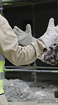 High five, happy or men with gloves on construction site, collaboration or architecture foundation done. Building progress, teamwork or workers with support for infrastructure finish, project or dust