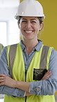 Crossed arms, woman and face of construction manager on site with confidence for project development. Happy, safety gear and portrait of female civil engineer with pride for infrastructure building.