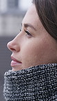 Winter, outdoor and woman in city for thinking, reflection and wondering for calm, peace and wellness. Morning, weekend and person with thoughtful, inspiration and relax in fresh air with nostalgia
