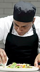 Clean plate, man and chef in restaurant kitchen, fine dining and commitment to industry. Professional, employee or person with skills, luxury food or hospitality with presentation or catering service