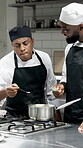 Cooking, pan and team with chef in kitchen for hospitality, culinary skill and gourmet diet. Gastronomy, cuisine and collaboration with people and taste in restaurant for catering and food help