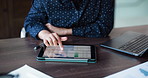 Hands, tablet screen and business woman with laptop in office for investment, metrics or accounting. Technology, accountant or financial graphs for budget, scroll or spreadsheet with bookkeeping data