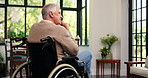 Thinking, window and senior man in wheelchair at retirement home with nostalgia, ideas or memory. Reflection, smile and elderly male person with a disability with planning day, dreaming or remember.