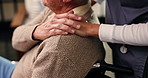 Hand, comfort and nurse with old man in wheelchair for discussion, listening and healthcare in home. People, caregiver and senior person with a disability for retirement, rehabilitation and empathy