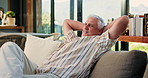 Stretching, happy and senior man on sofa in home for chilling, comfortable and enjoy calm on afternoon. Retirement, morning and mature person on couch for resting, lazy and peaceful in living room