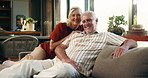Face, home and senior couple on sofa, relax and bonding together in living room. Mature man, apartment and woman on couch, calm and retirement with happiness, love and care with trust or relationship