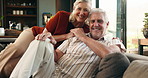 Smile, relax and face of senior couple on sofa in home with bonding, marriage and love together. Happy, connection and portrait of elderly man with woman for retirement in living room at house.
