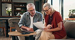 Finance, laptop and senior couple with documents for online banking, digital payment and savings. Retirement, home and elderly man and woman with bills for expenses, budget planning and taxes