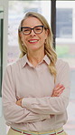 Happy woman, face and optometrist with confidence for small business in optometry store. Portrait, female person or optician with smile, glasses or arms crossed for vision or sight service in shop