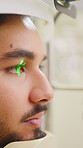 Man, optometrist and eye exam with scan for vision test, sight or healthcare in optometry. Male person, patient and optic scanner with iris or light for eyesight assessment, checkup or prescription