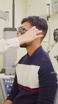 Man, optometrist and eye exam with oculist for vision, sight or healthcare in optometry. Male person, patient and optician with optic test or glasses for eyesight assessment or prescription in clinic
