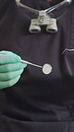 Hands, person and dental tools for checkup, gum assessment and teeth whitening. Closeup, dentist and gloves with equipment for cavity inspection, dentistry procedure and cleaning for oral hygiene