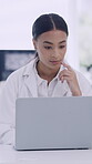 Scientist, woman and laptop with thinking in lab for medical study, clinical trial insight or solution. Science review, expert and research on tech for pharmaceutical innovation and pathology report